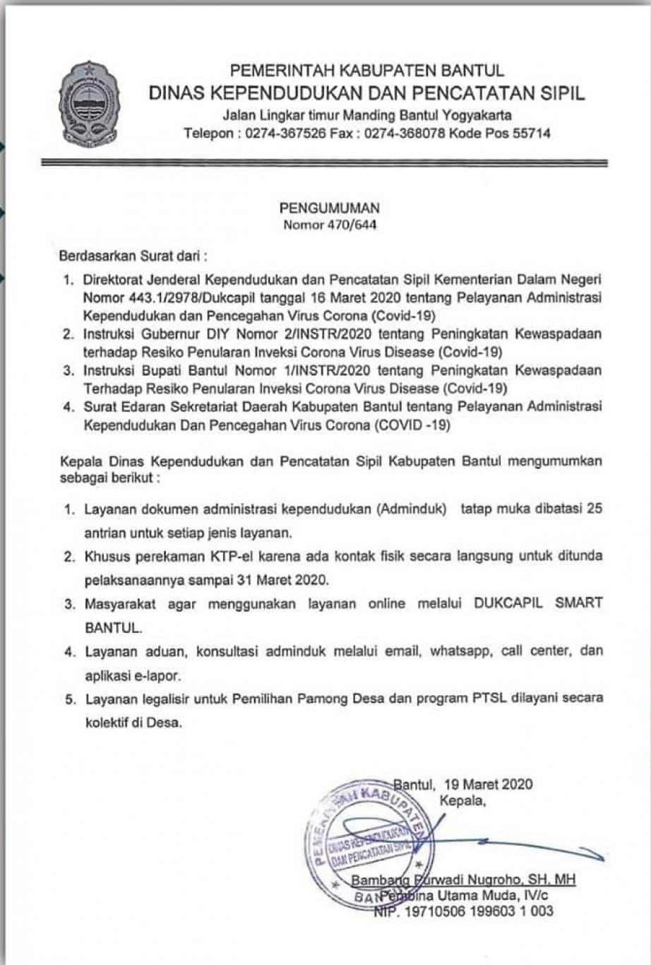 Pengumuman Pelayanan DISDUKCAPIL Kab, Bantul